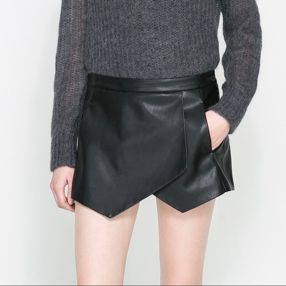 Zara Black Faux Leather Asymmetric Envelope Skort